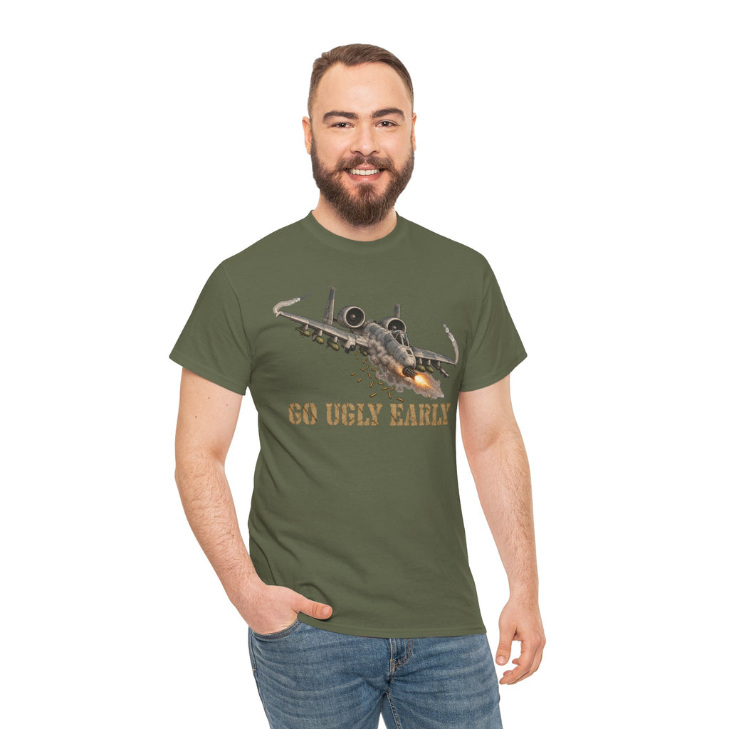 Military green crew-neck T-shirt on male model with jet graphic