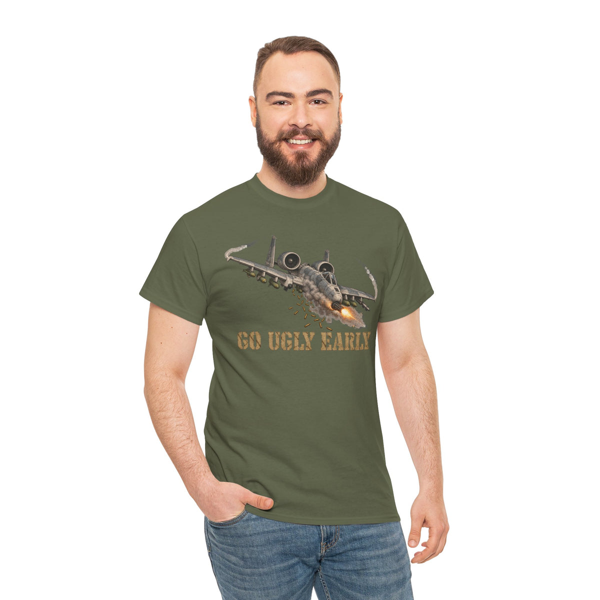 Military green crew-neck T-shirt on male model with jet graphic