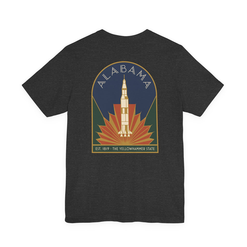 Black T-shirt with centered retro rocket graphic and Alabama crest circle