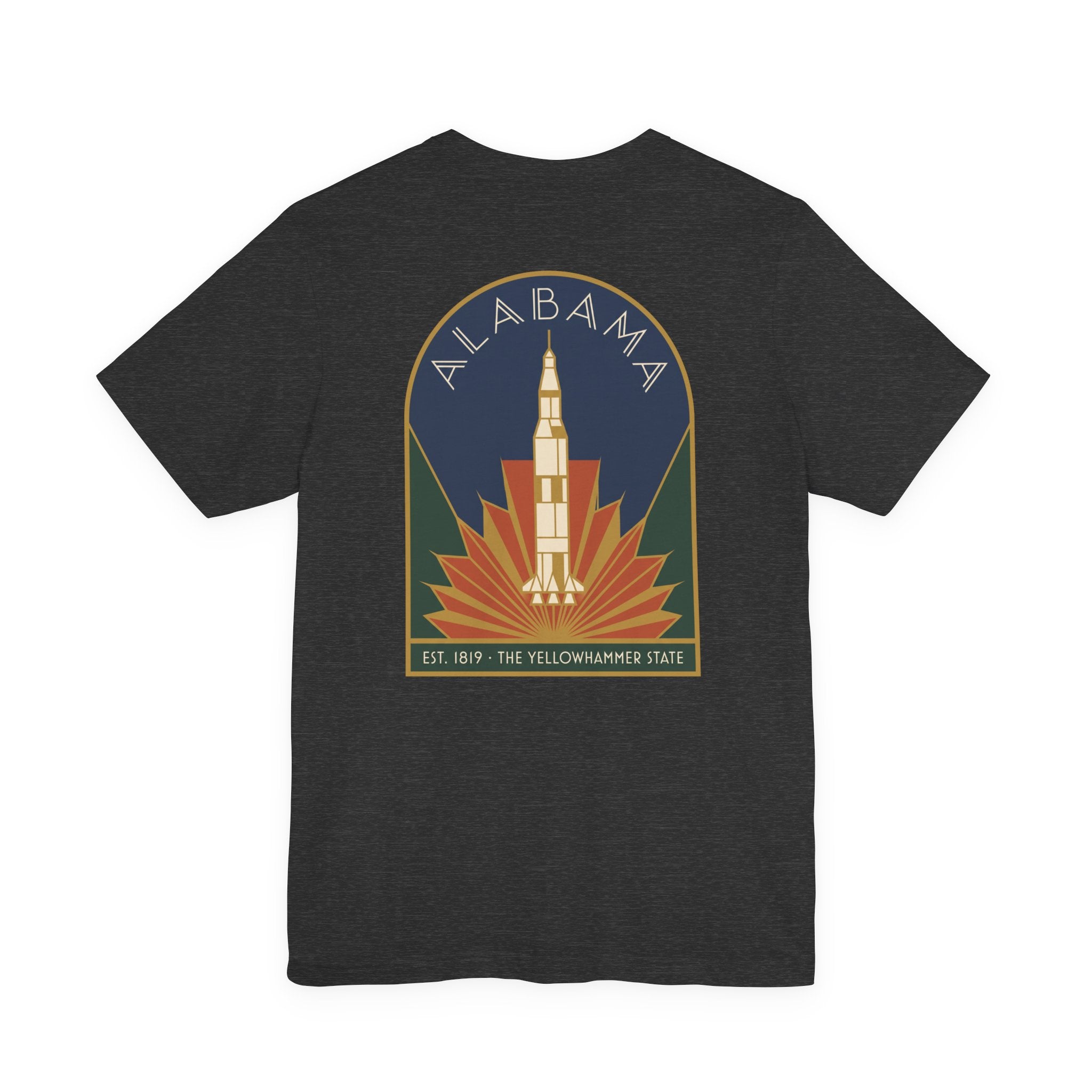Black T-shirt with centered retro rocket graphic and Alabama crest circle