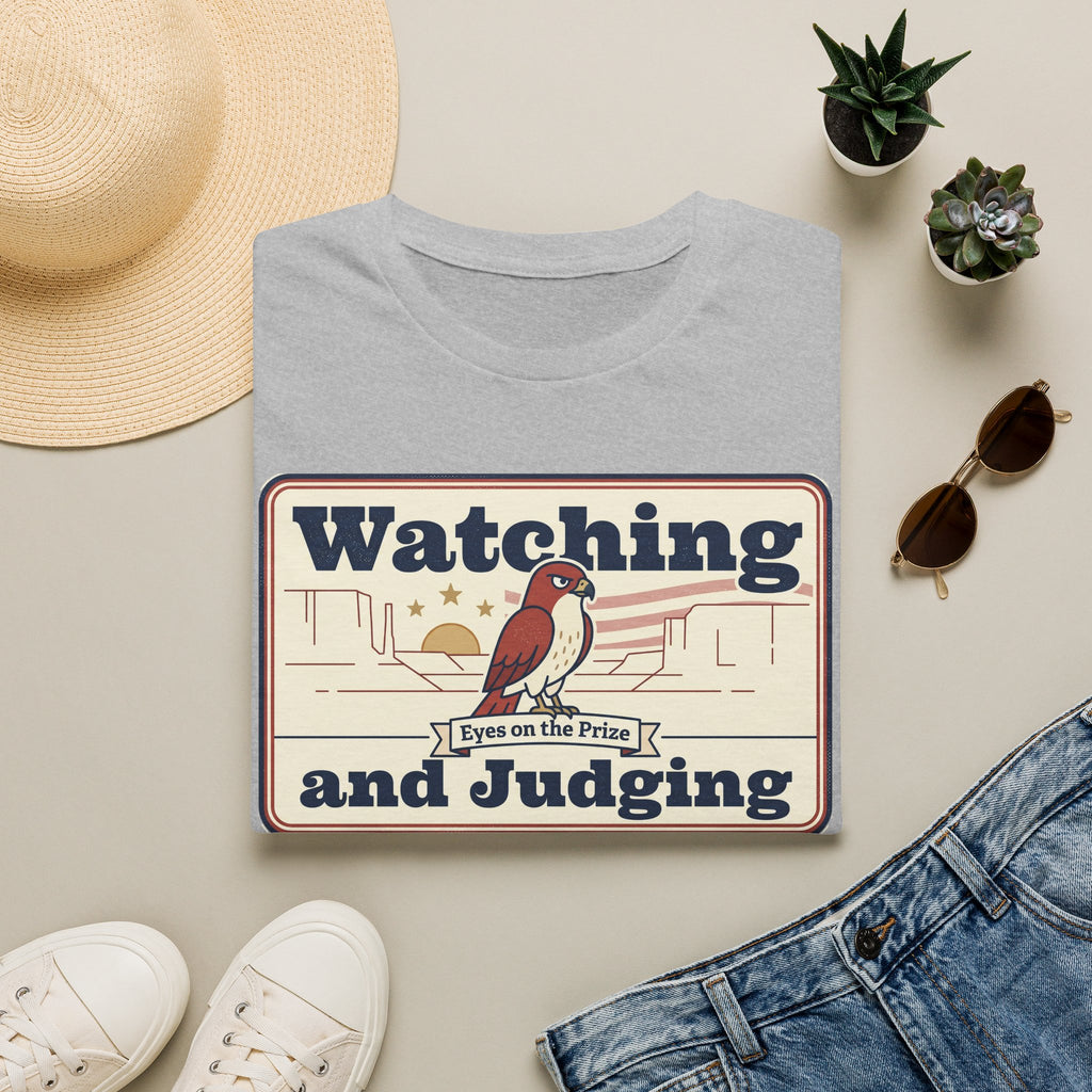 Light gray t-shirt with vintage bird graphic and “Watching and Judging” wording
