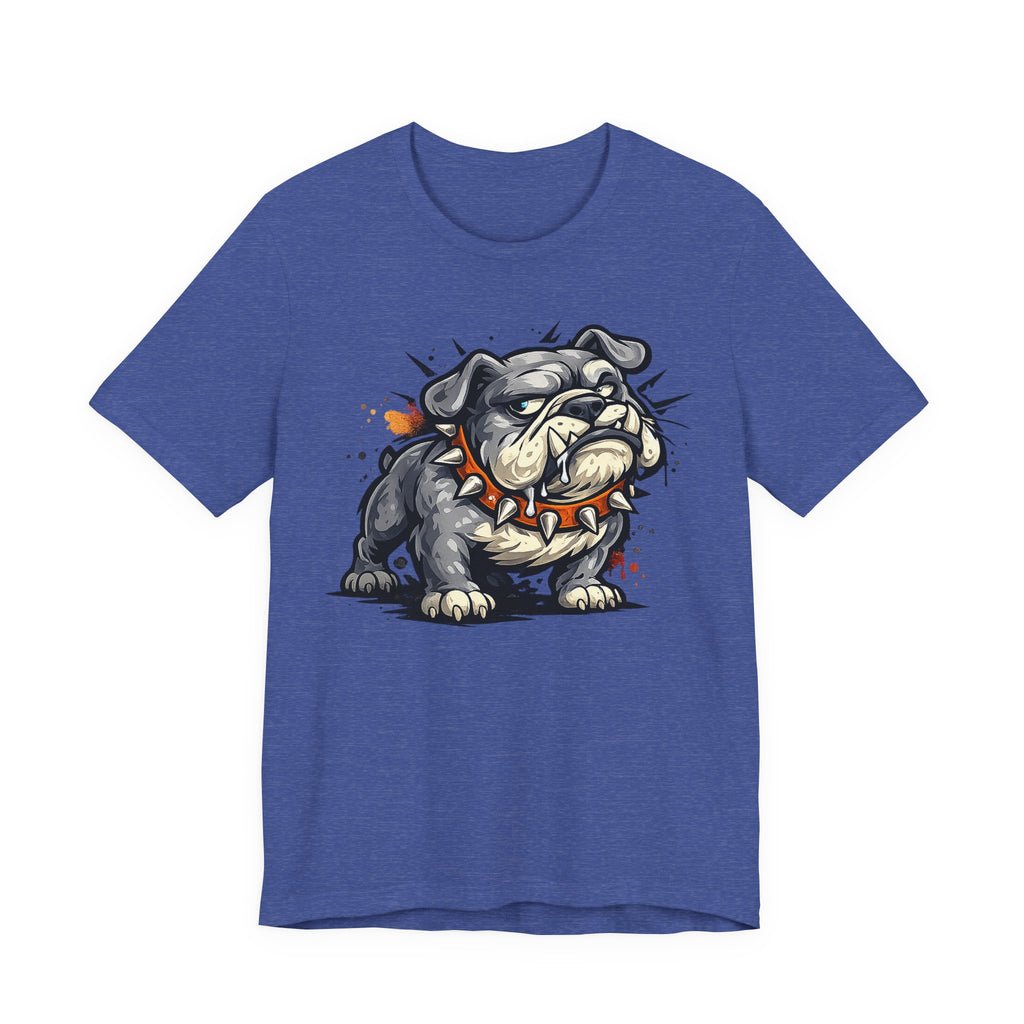 Heather true royal blue bulldog graphic T-shirt with snarling cartoon dog illustration