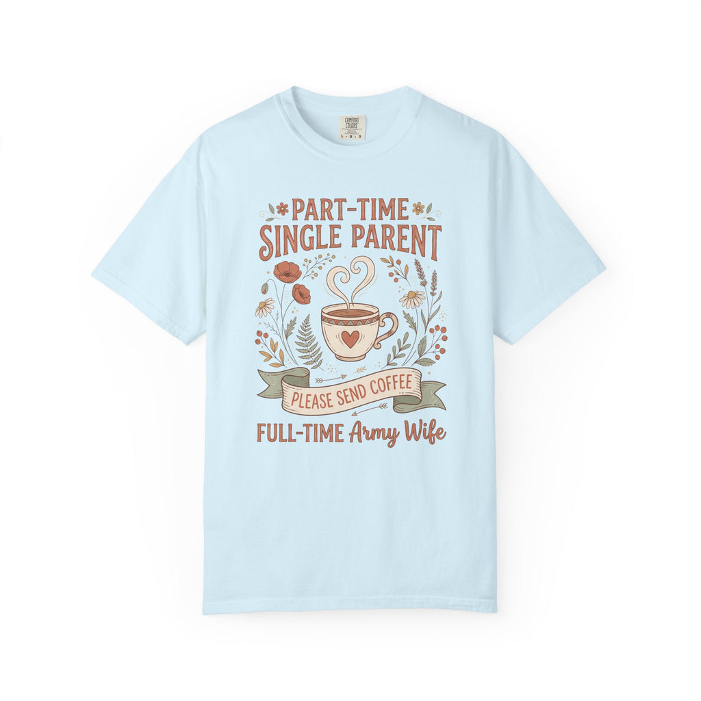 Light blue t-shirt with coffee and floral text graphic, short sleeves