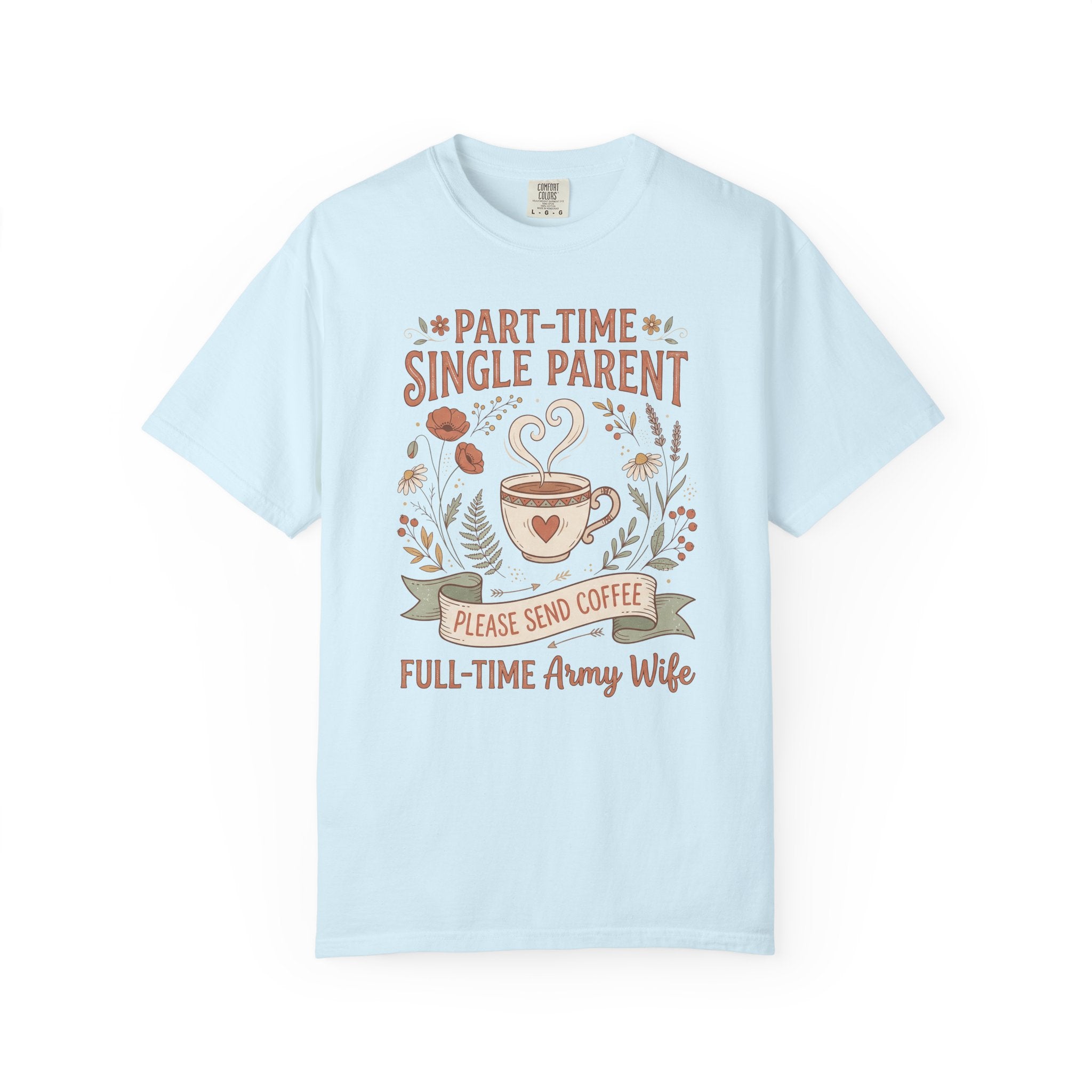 Light blue t-shirt with coffee and floral text graphic, short sleeves