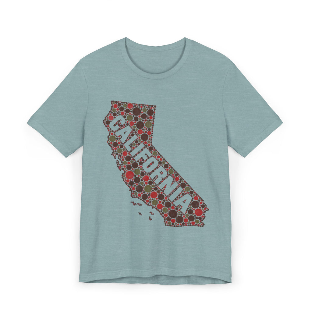 Teal short-sleeve T-shirt with red floral dot California outline graphic
