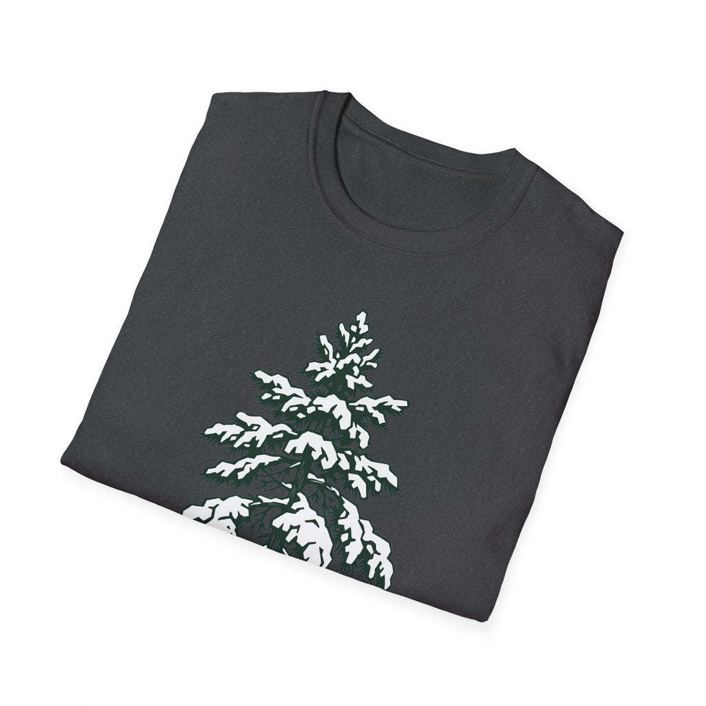 Dark gray T-shirt with snowy pine tree illustration graphic on the front
