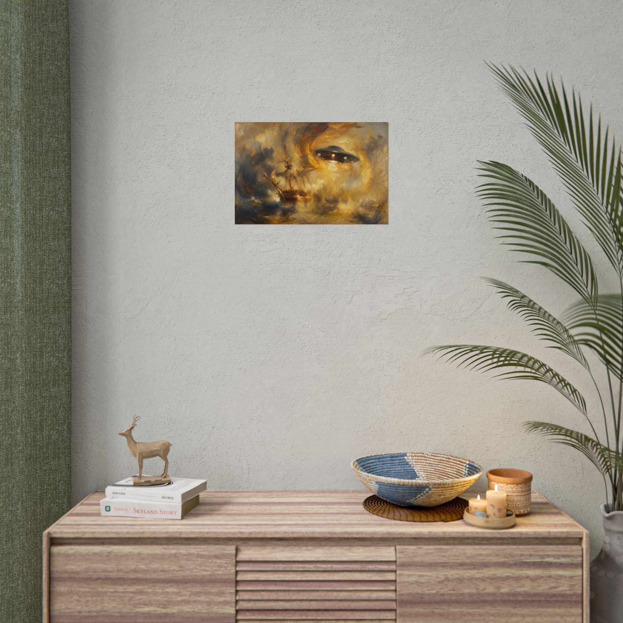 Small fantasy shipwreck poster showing golden eye-like face over a dark ship