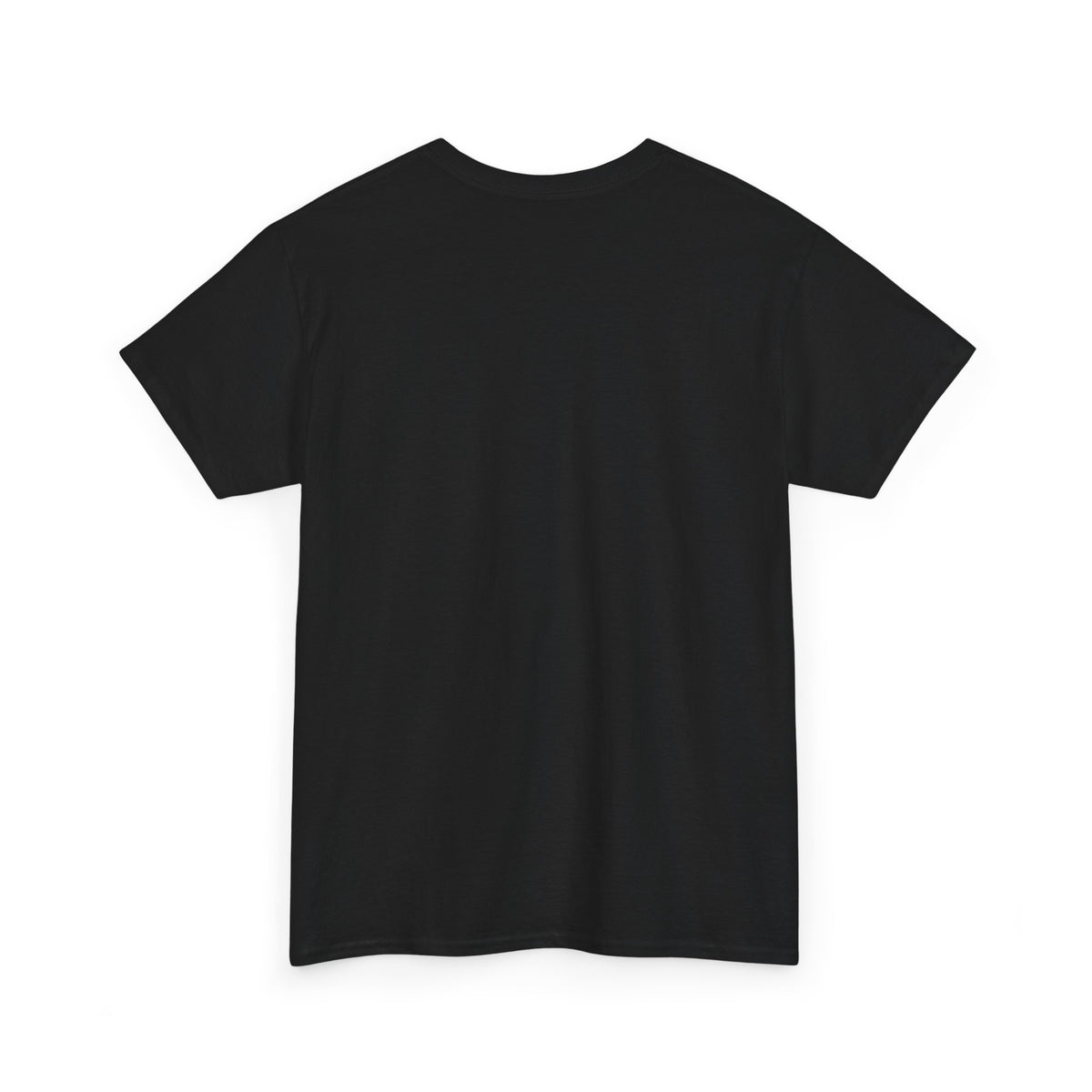 Black crewneck T-shirt, short sleeves, plain back view.
