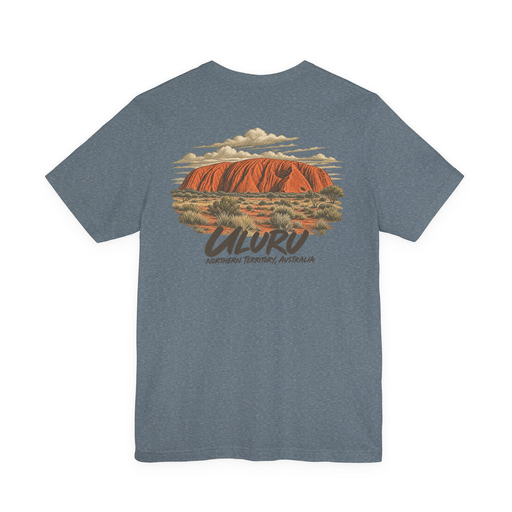 Dark heather blue-gray t-shirt with vintage Uluru landscape graphic on the chest