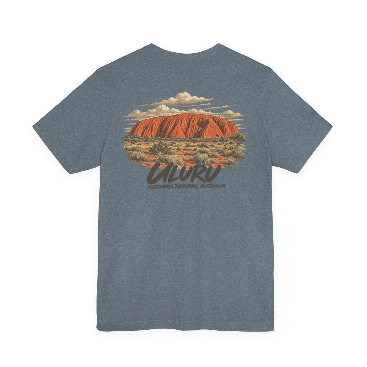 Dark heather blue-gray t-shirt with vintage Uluru landscape graphic on the chest