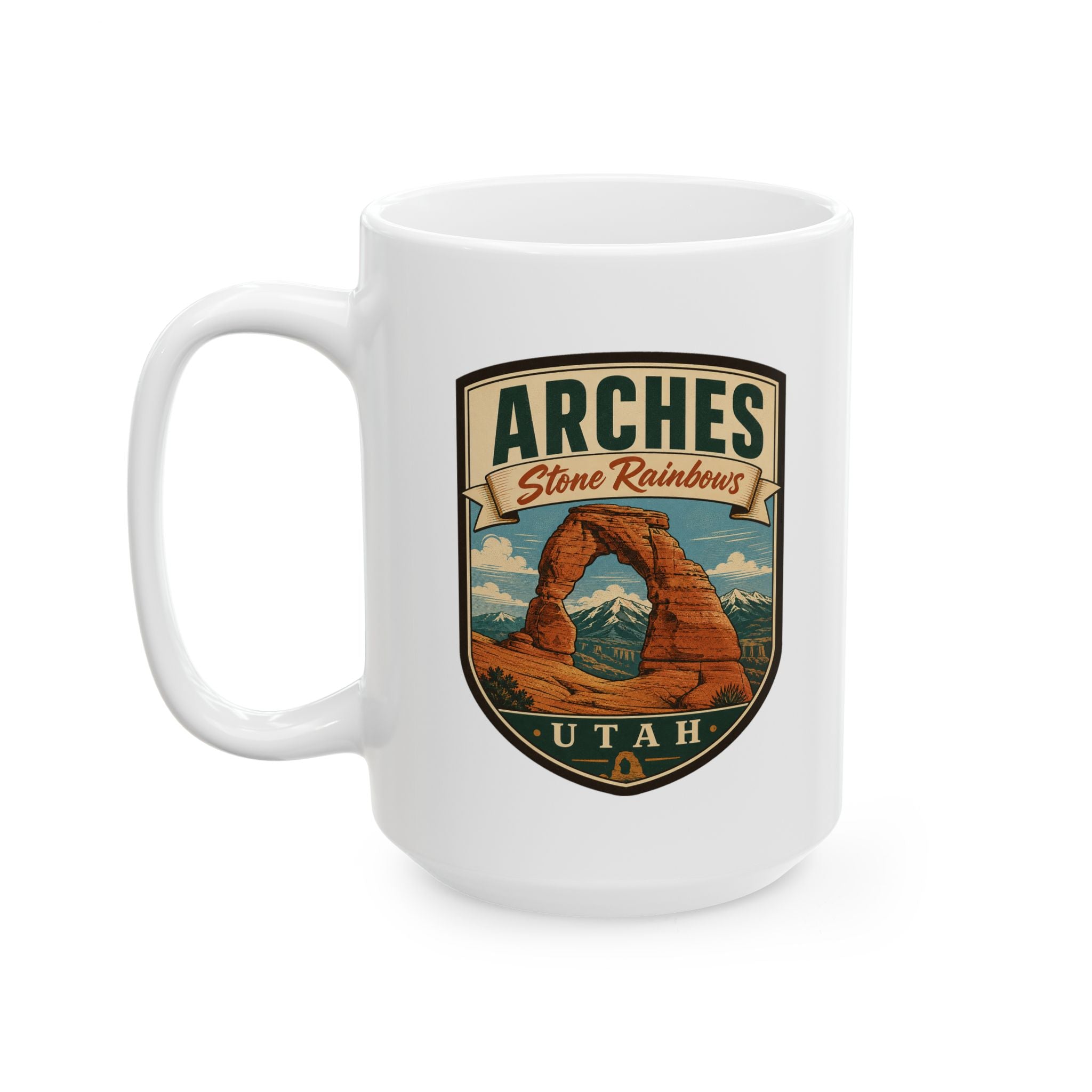 White ceramic mug with Arches Utah shield graphic, full front view
