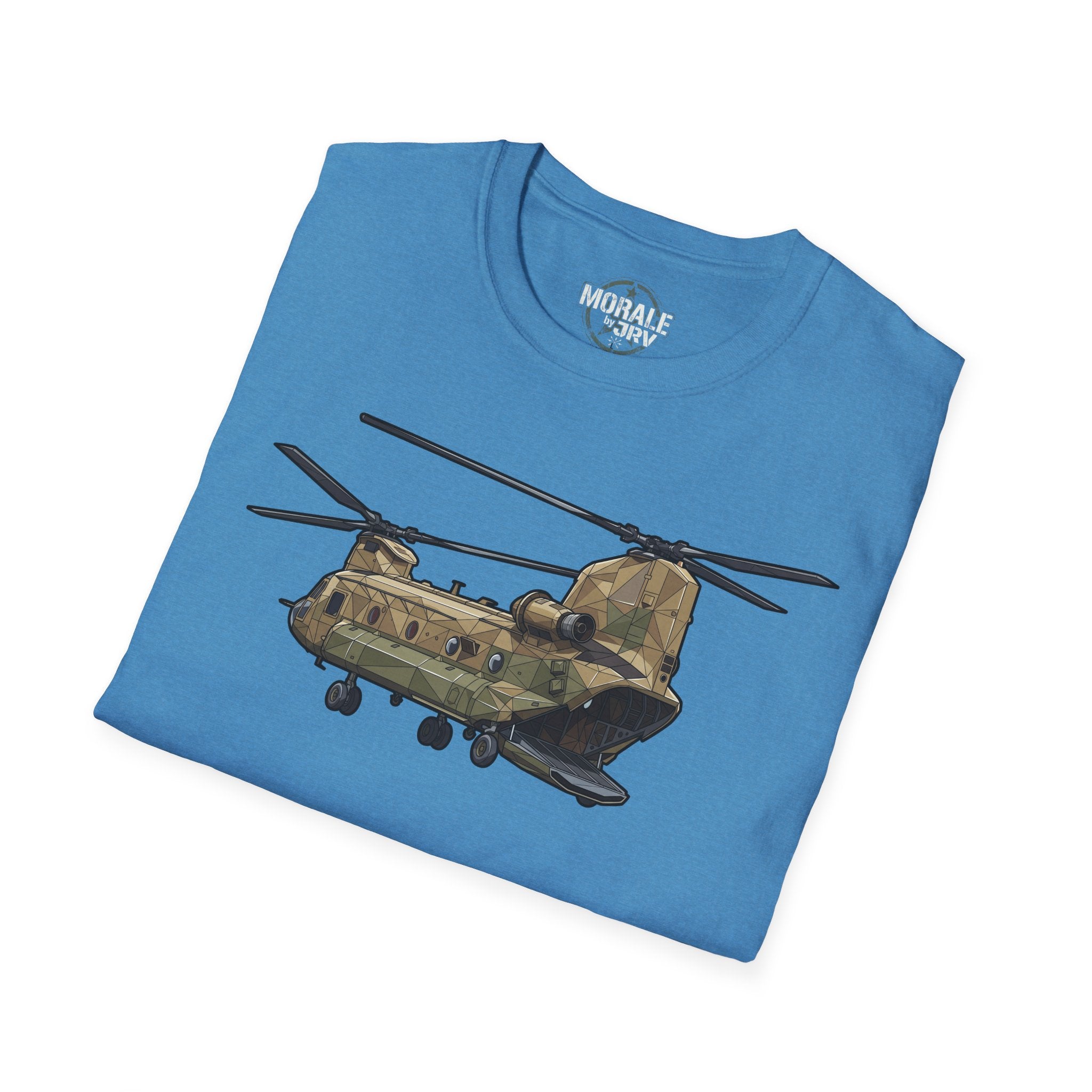 CH-47 Chinook helicopter graphic on light blue crew-neck T-shirt