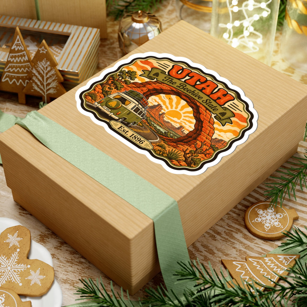 Utah vintage kiss-cut sticker: desert arch canyon, classic van, orange sun, The Beehive State