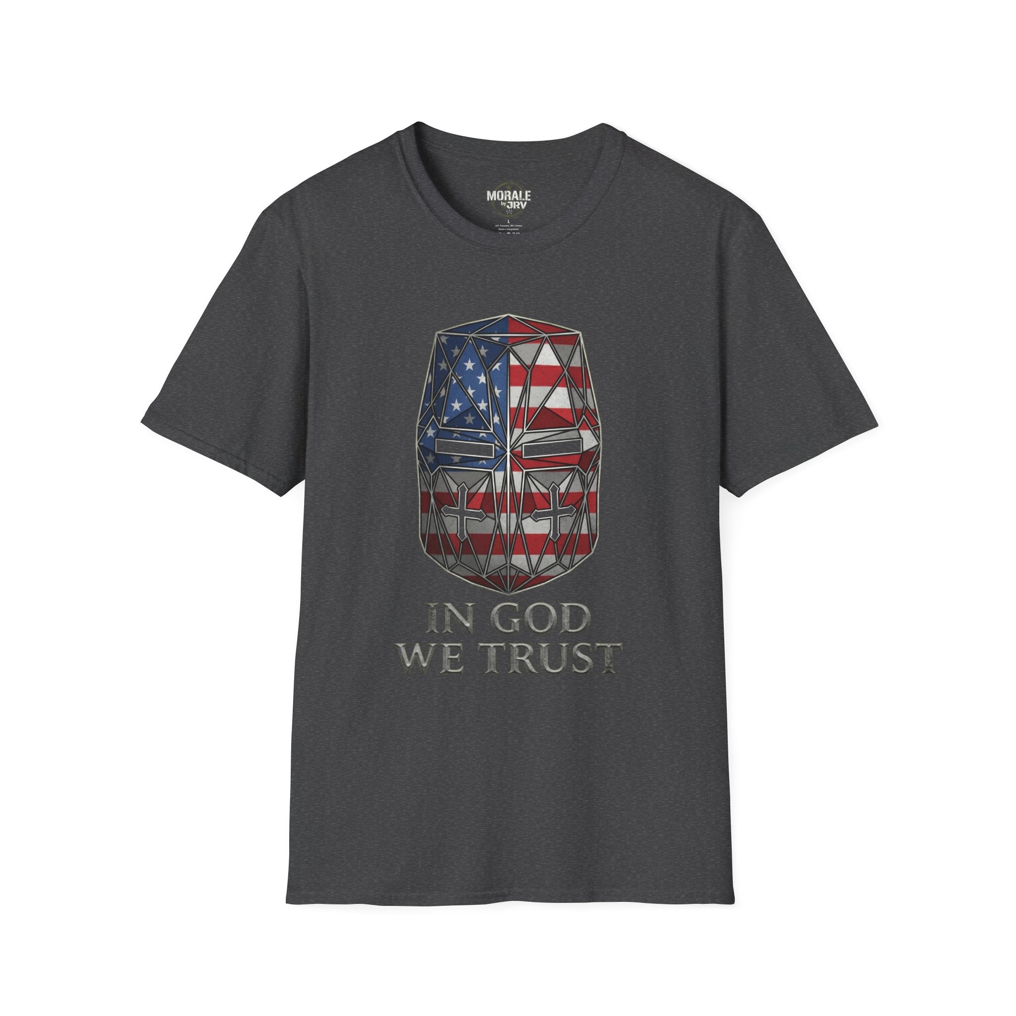 Dark heather T-shirt with crusader helmet flag graphic and “IN GOD WE TRUST”