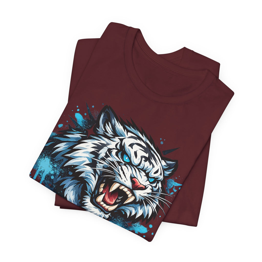 Maroon unisex T-shirt with roaring tiger head graphic and blue splash accents