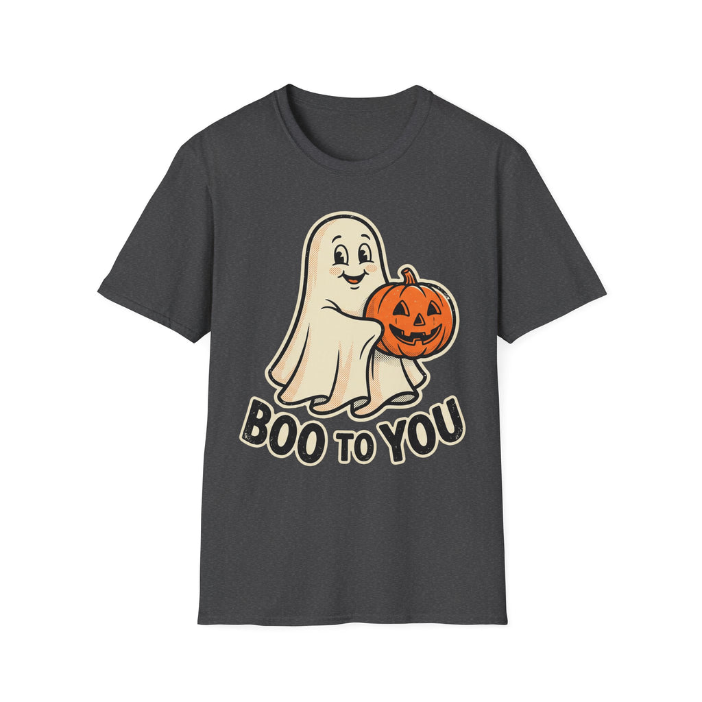 Dark heather Halloween ghost T-shirt, ghost holding orange jack-o’-lantern with “BOO TO YOU”