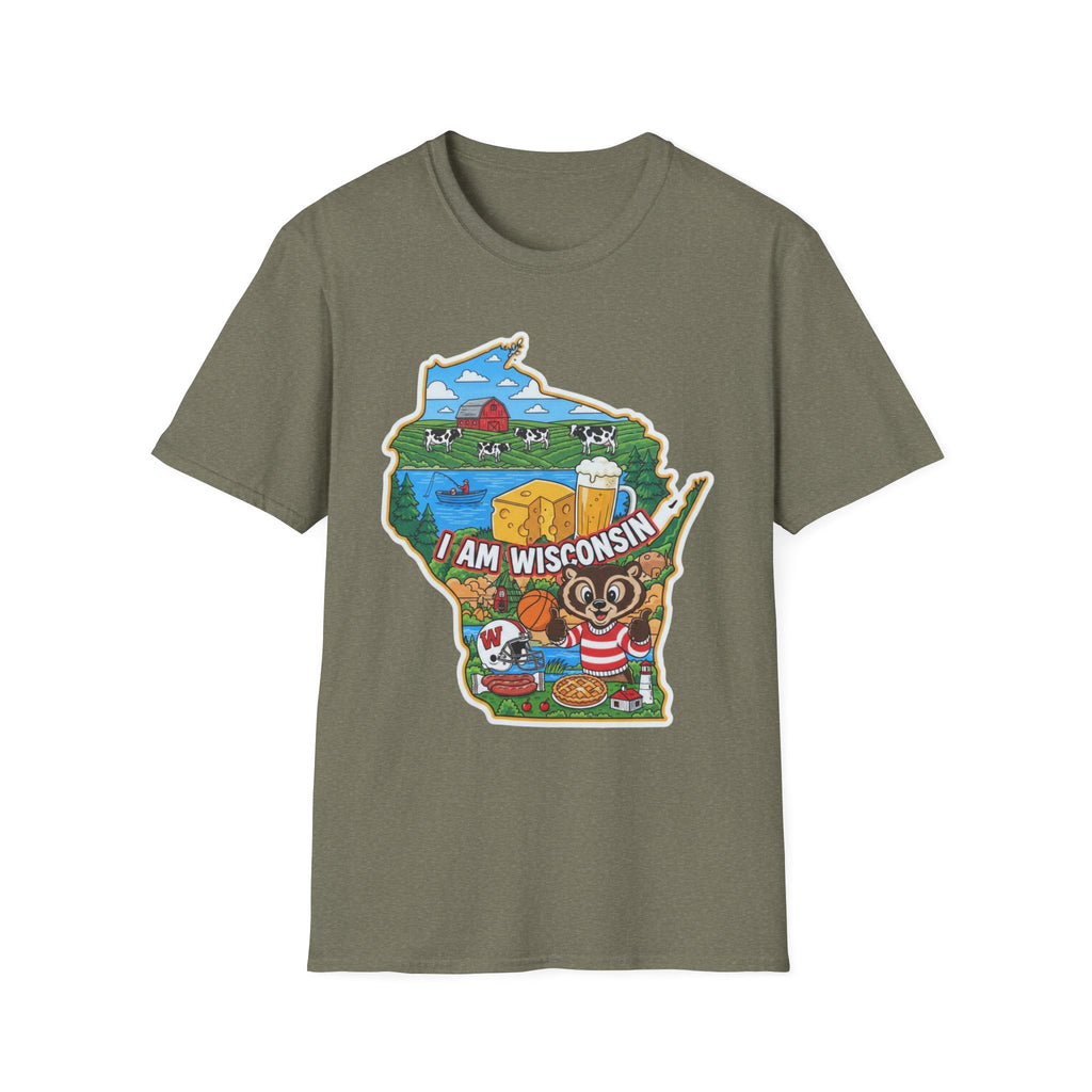 Olive green T-shirt with Wisconsin state map graphic and dairy farm scene