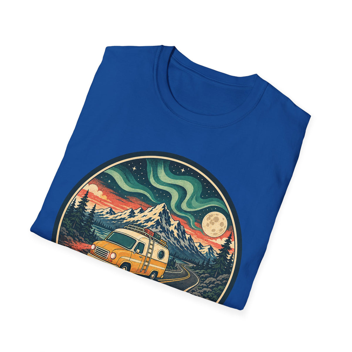 Royal blue unisex T-shirt with circular camper, mountains, moon and aurora graphic