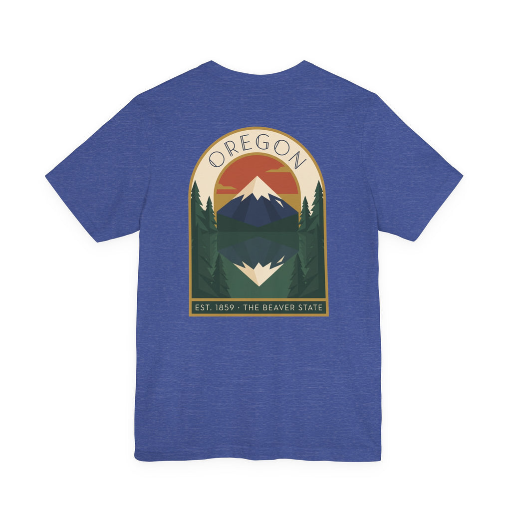 Blue crewneck T-shirt with large centered Oregon graphic print