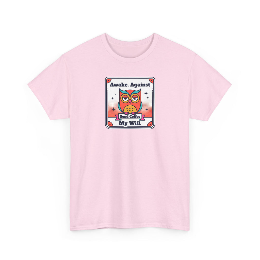 Pink T-shirt with cartoon owl coffee graphic on front