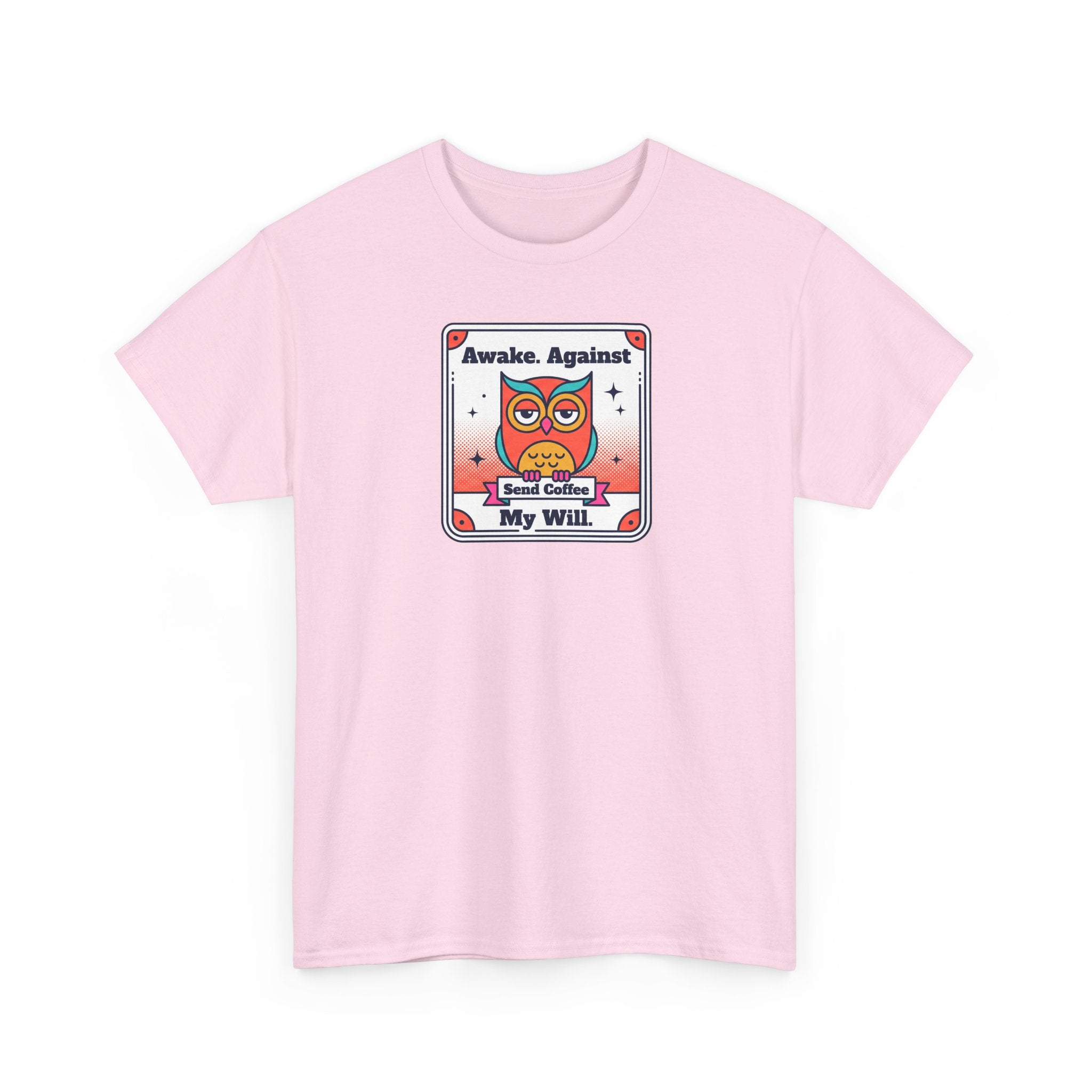 Pink T-shirt with cartoon owl coffee graphic on front