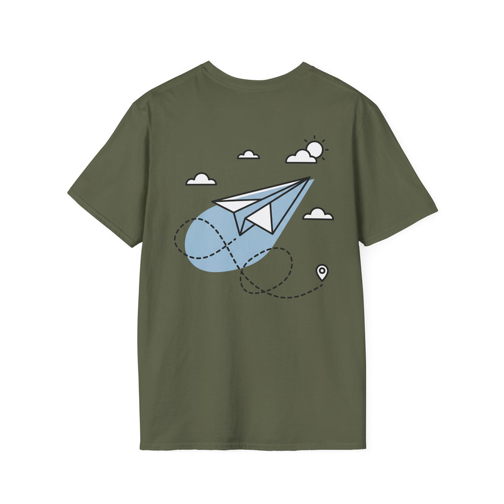 Olive green T-shirt with blue-and-white paper airplane graphic and cloud icons