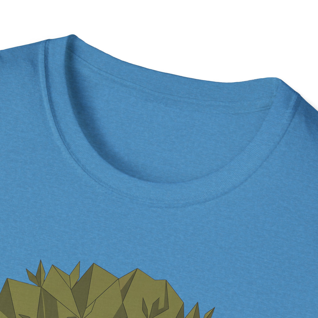 Twisted olive tree T-shirt, blue crew-neck and partial tree graphic