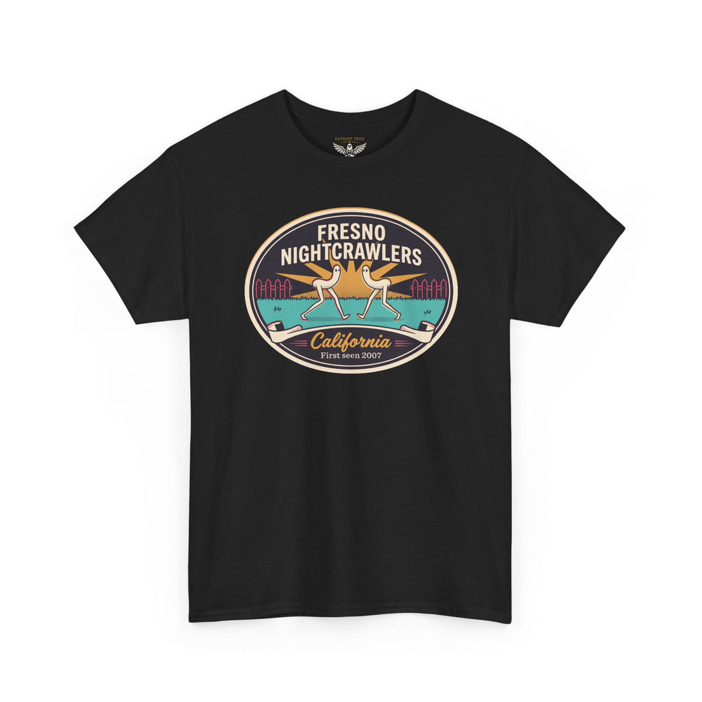 Black short-sleeve graphic tee with circular Fresno Nightcrawlers and California logo
