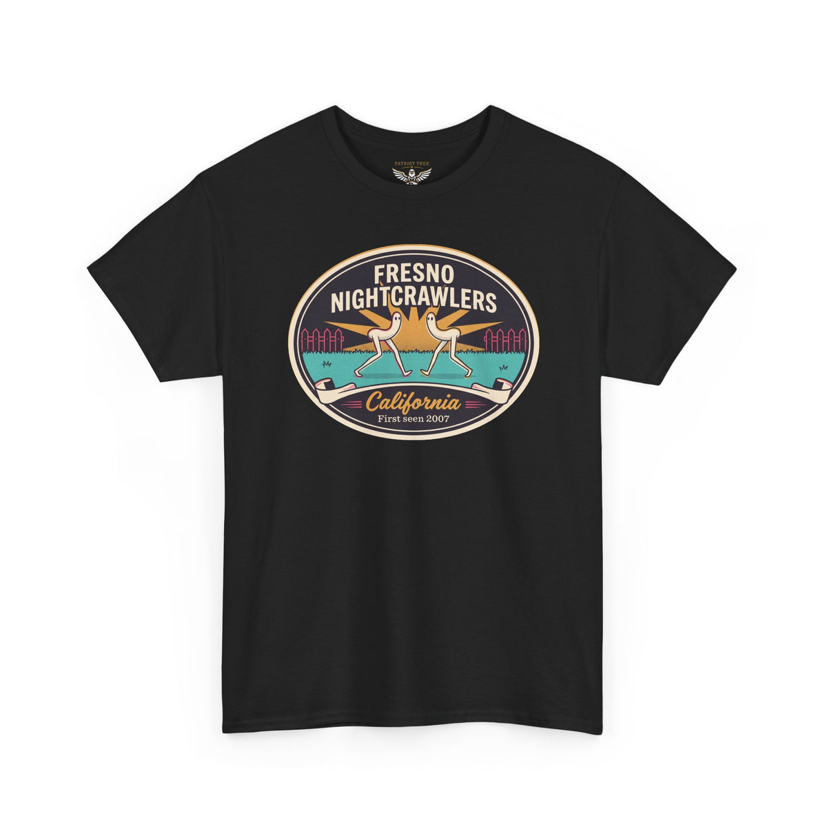 Black short-sleeve graphic tee with circular Fresno Nightcrawlers and California logo