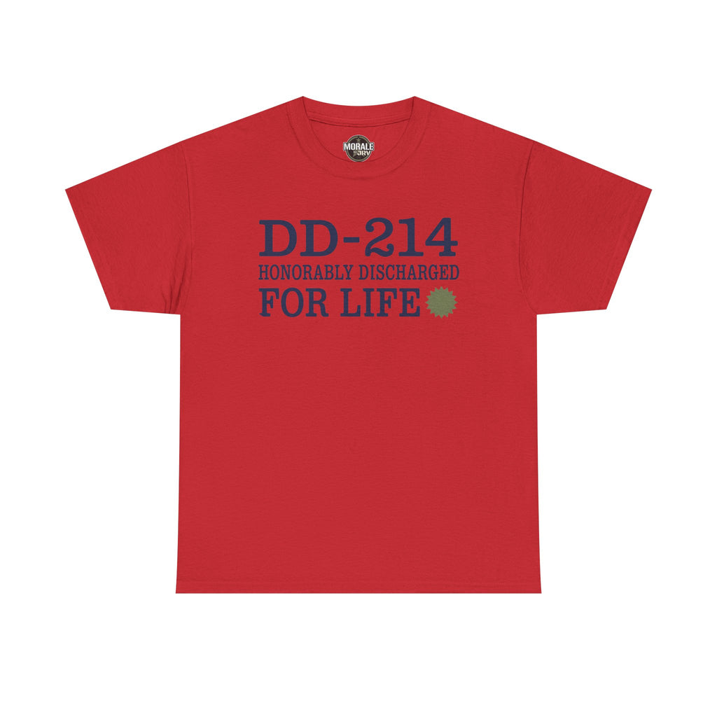 Red T-shirt with DD-214 Honorable Discharged For Life front print
