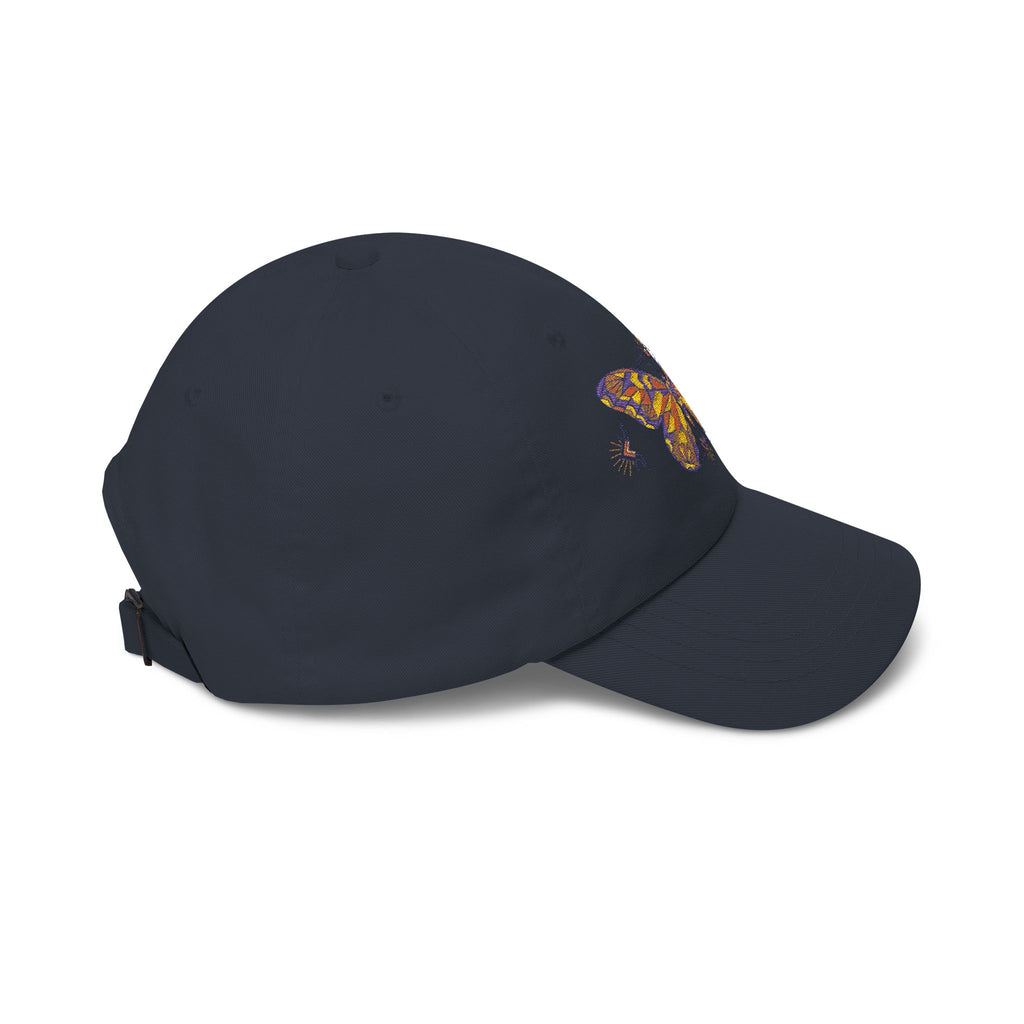 Embroidered dad cap in dark navy with side colorful butterfly/moth patch
