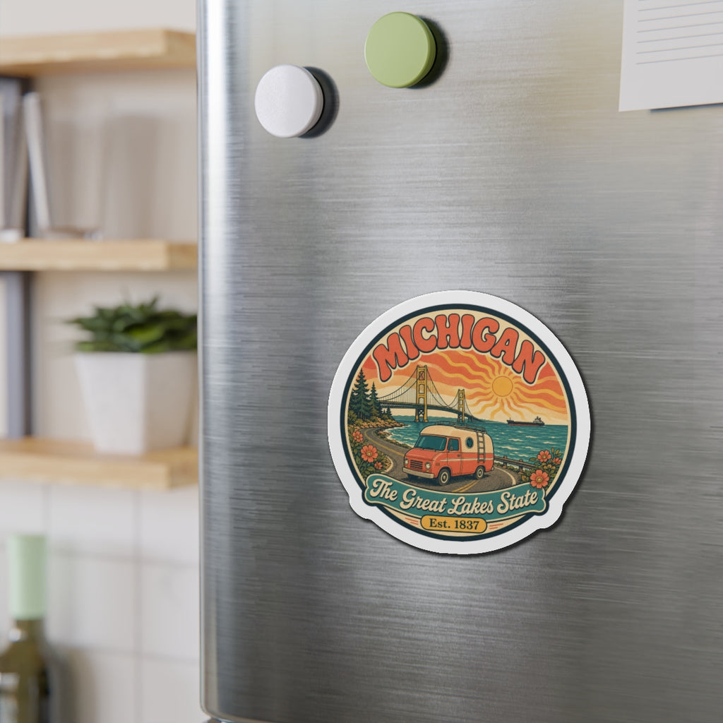 Round die-cut magnet with Michigan camper and bridge illustration on white border