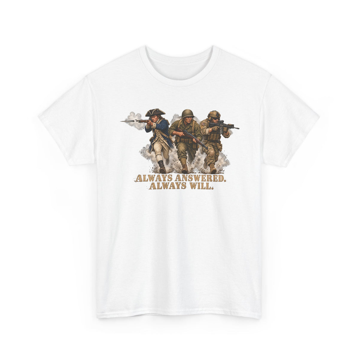 White graphic military T-shirt with soldier trio and 'Always Answered'/'Always Will' print