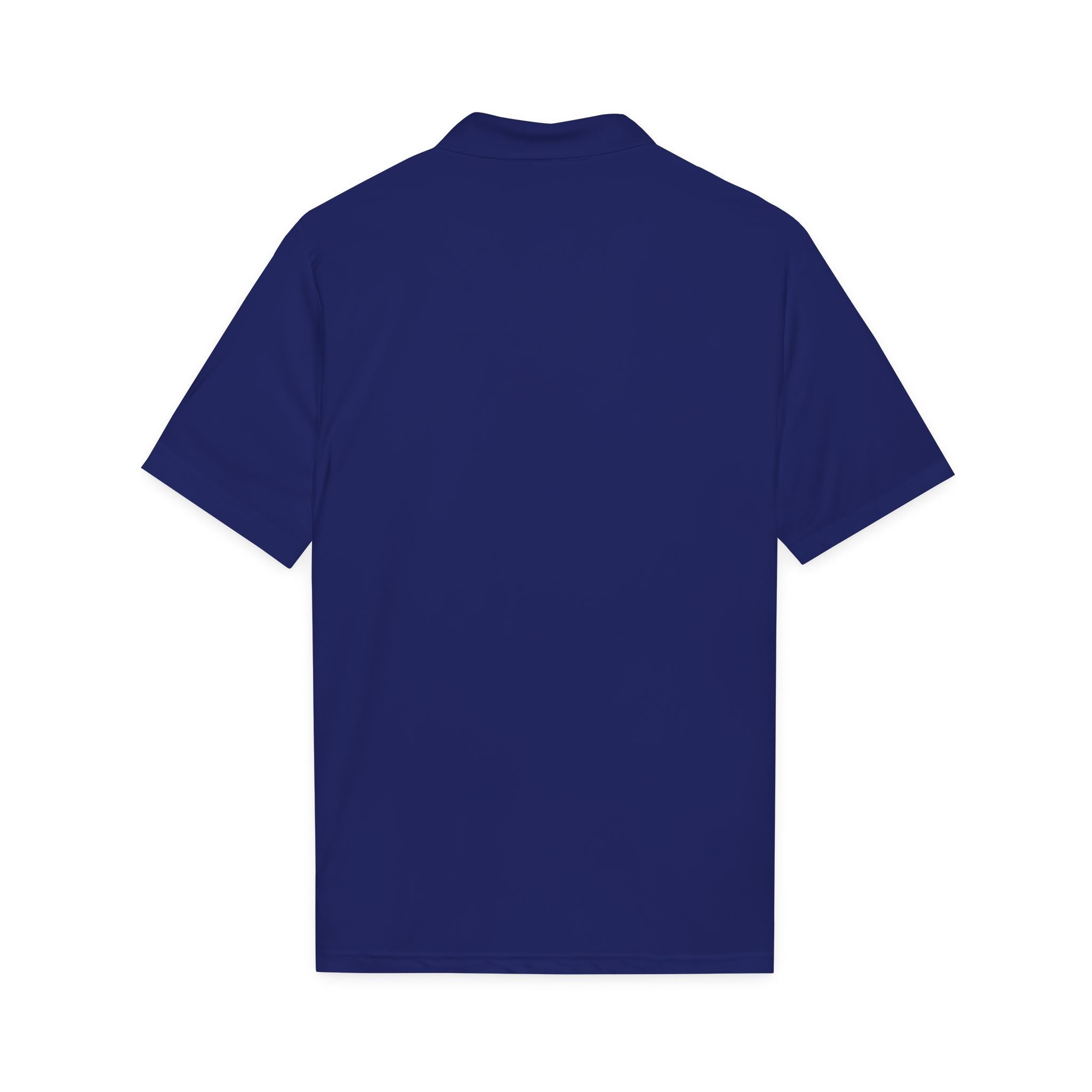 Navy polyester polo shirt with ribbed collar and short sleeves, no logo