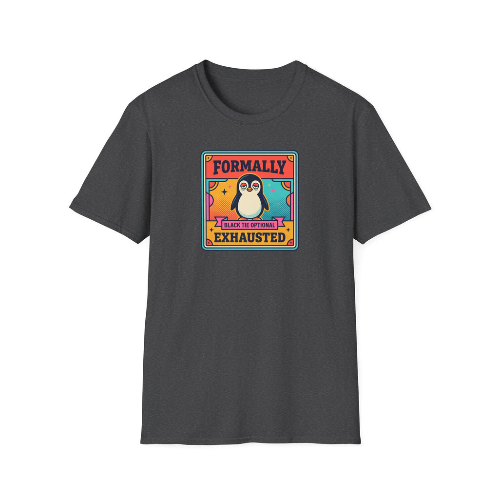 Charcoal crew-neck T-shirt with rectangular penguin graphic centered on chest.