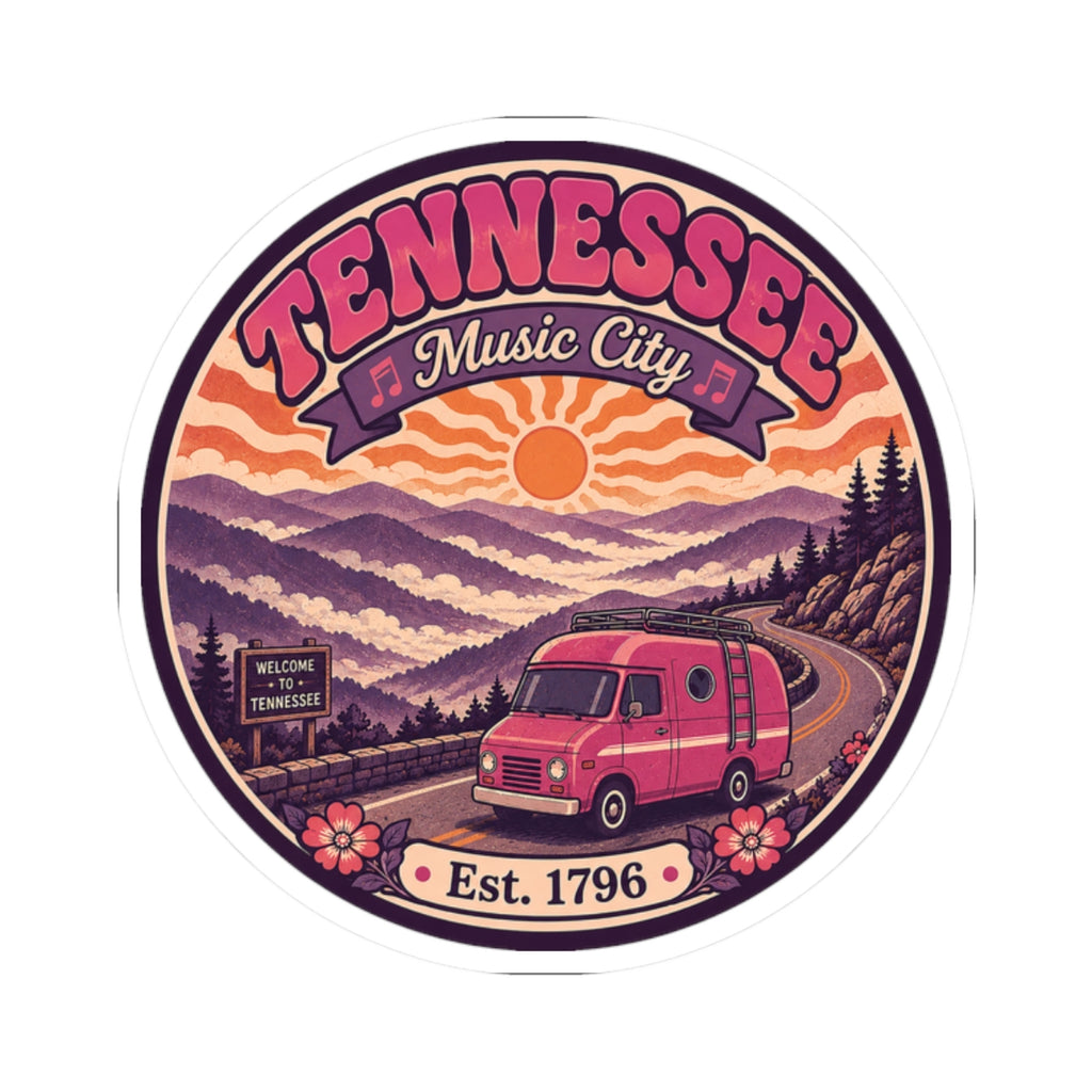 Round Tennessee Music City sticker with pink van, sunset landscape, flowers, Est. 1796