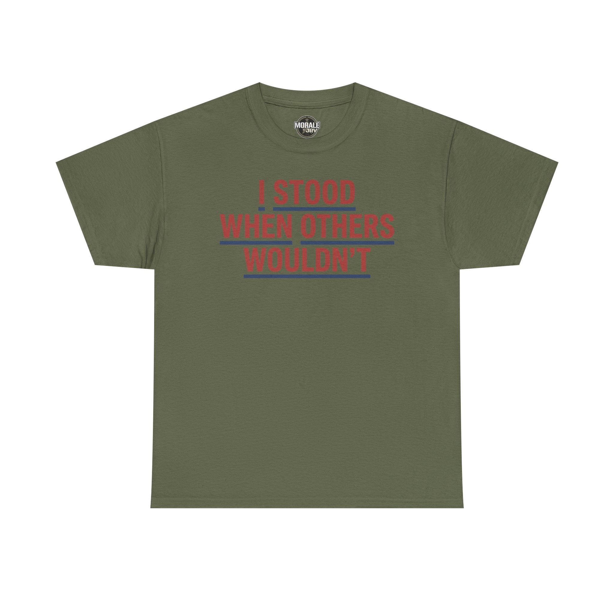 Military green T-shirt with red and gray slogan graphic, crew neck