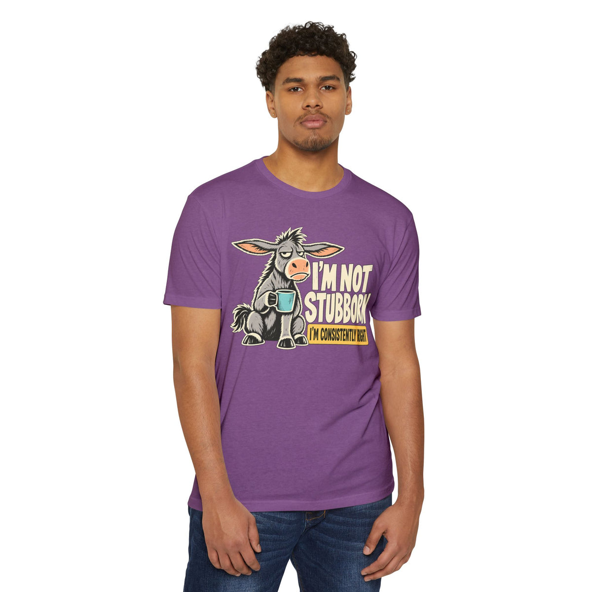 Purple crew-neck t-shirt with stubborn donkey coffee graphic on chest