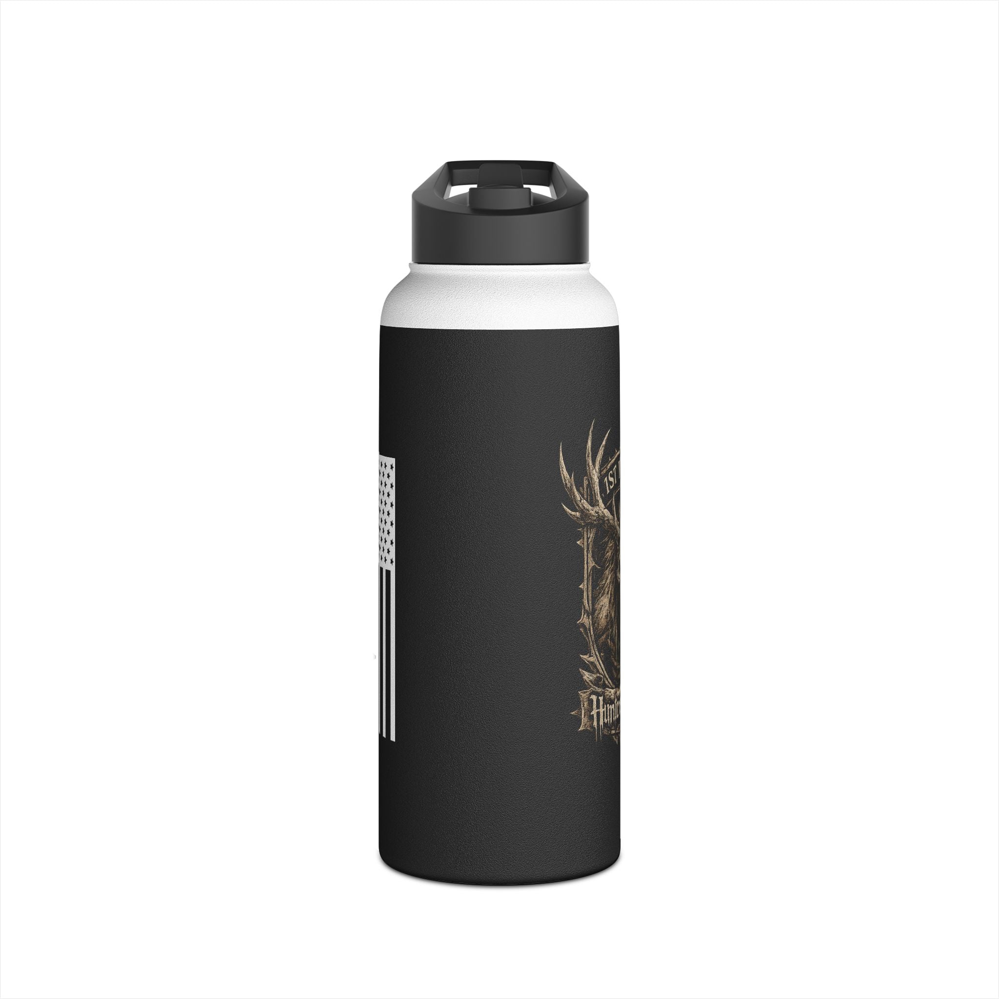 Black stainless steel tumbler with flip lid, antler graphic, and white band