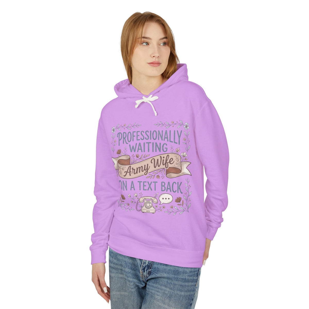 Purple hoodie with front graphic and kangaroo pocket, drawstring hood