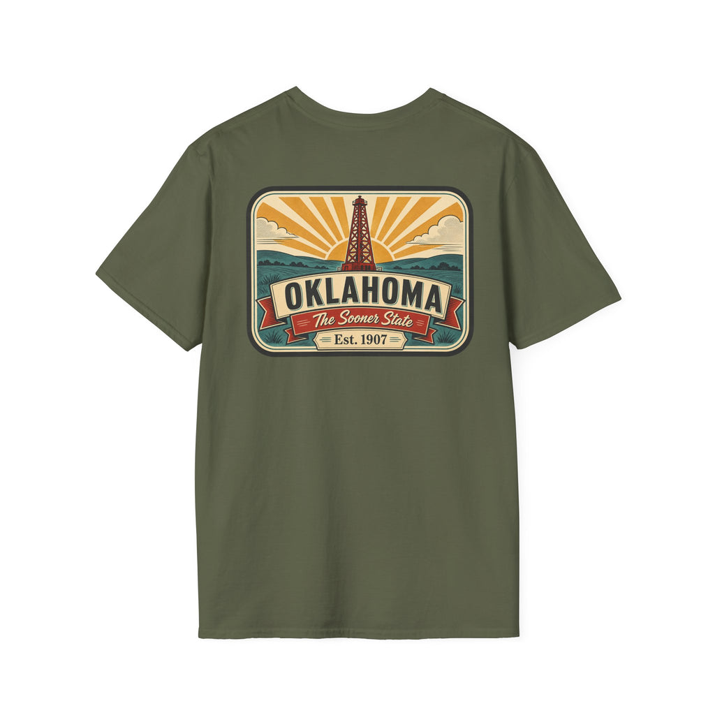 Military green T-shirt with rectangular Oklahoma Sooner State logo