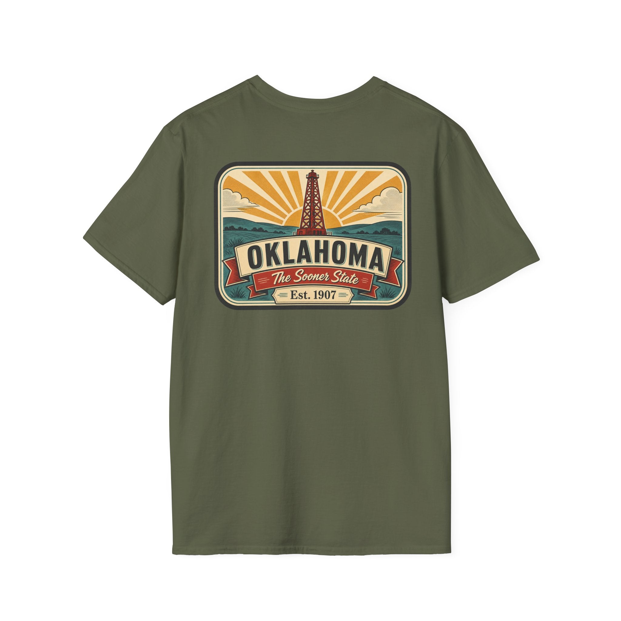 Military green T-shirt with rectangular Oklahoma Sooner State logo