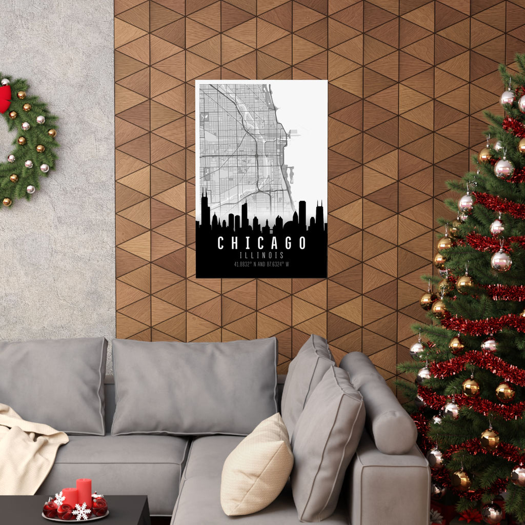 Chicago Skyline Poster an der Wand: Stadtkarte mit Skyline-Silhouette und „ILLINOIS“