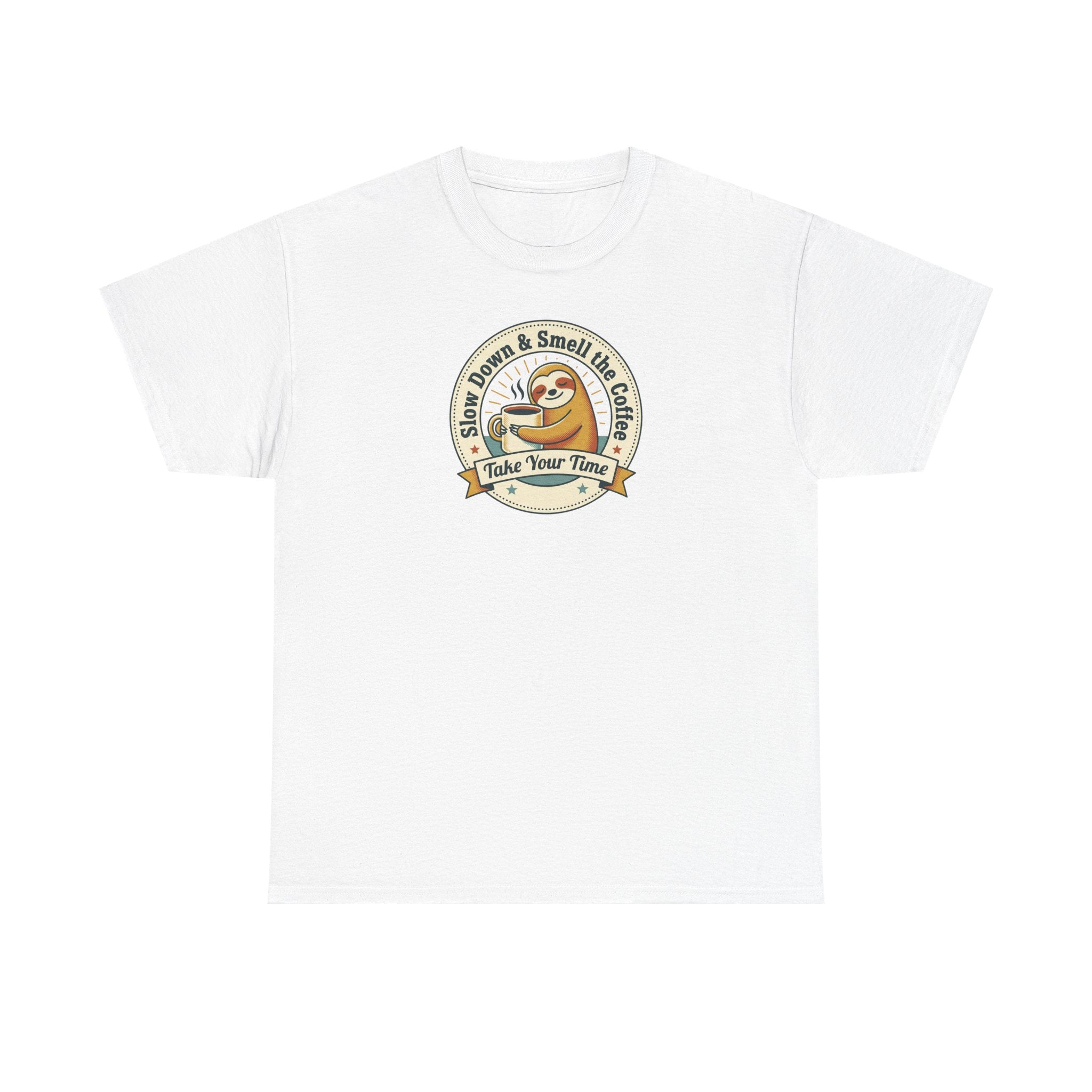 White sloth graphic T-shirt with circular Take Your Time badge print