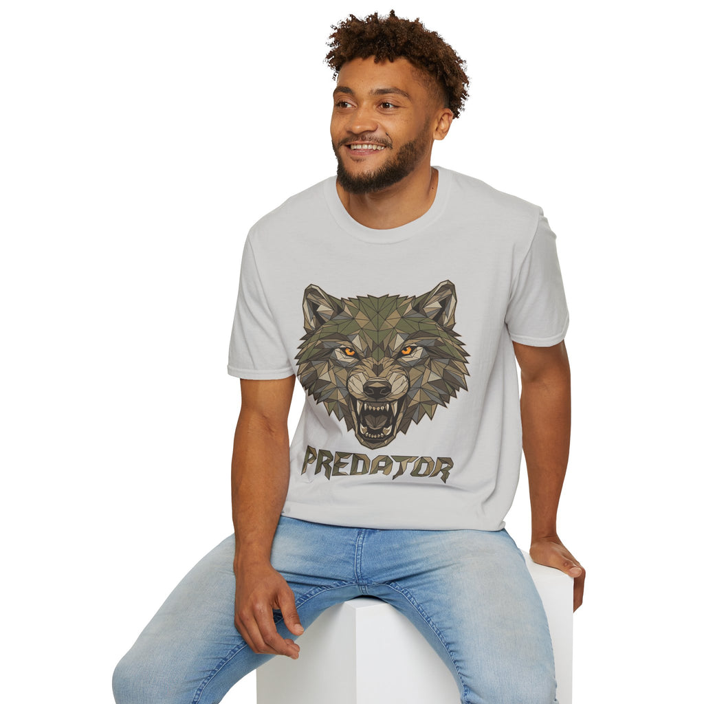 White T-shirt on model, geometric wolf head and PREDATOR text