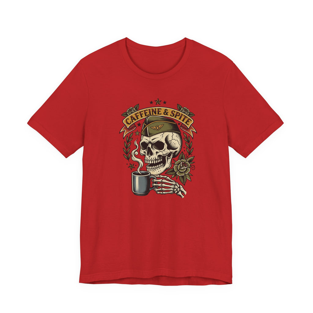 Red graphic T-shirt with skull holding coffee mug, Caffeine & Spite design
