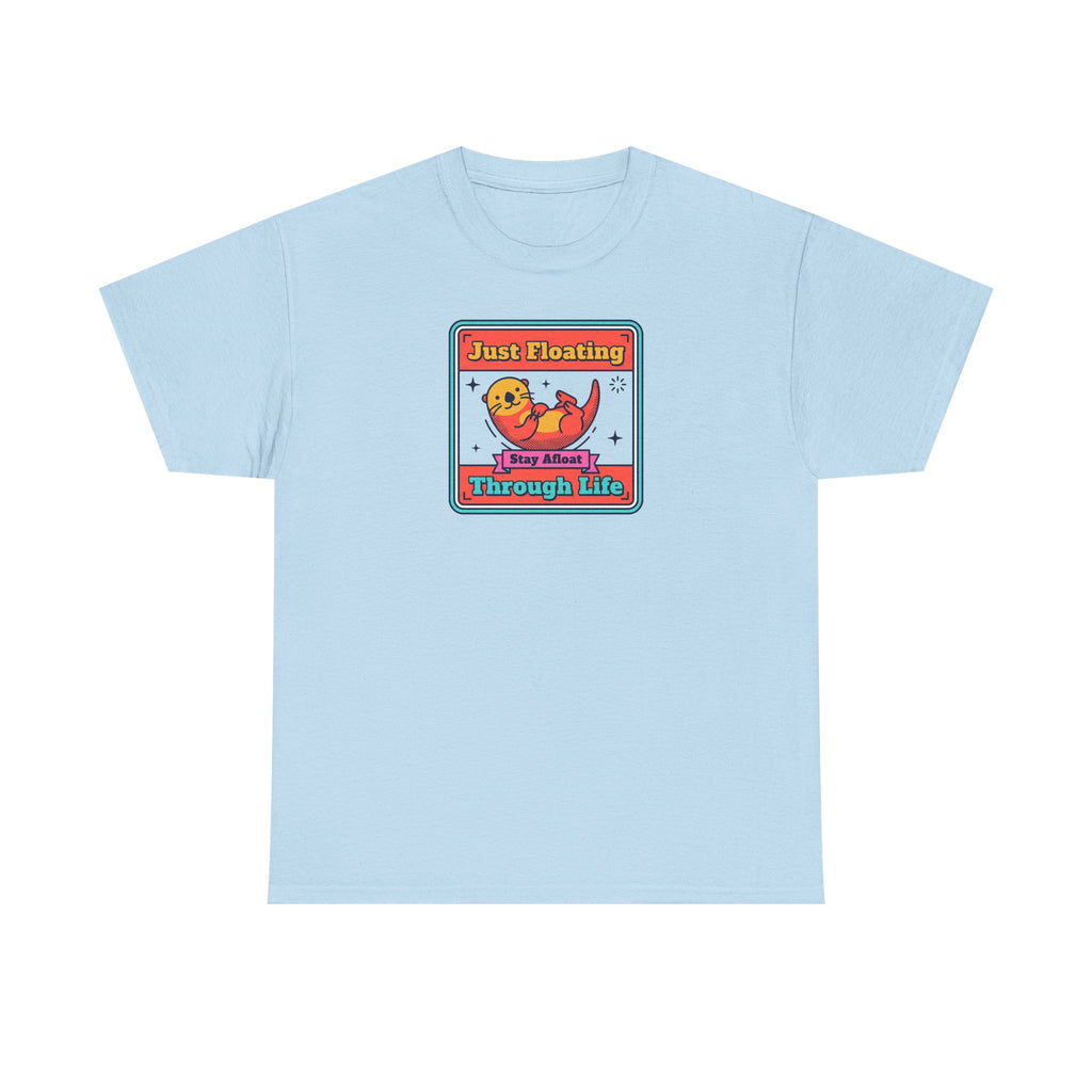 Light blue crewneck T-shirt with cat float graphic framed square print