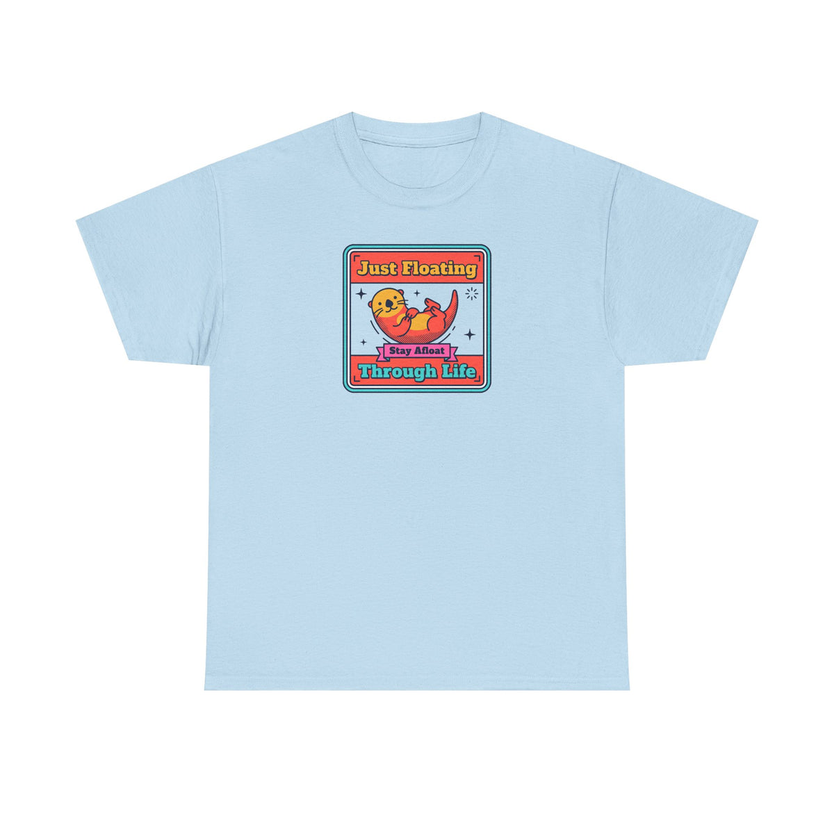 Light blue crewneck T-shirt with cat float graphic framed square print
