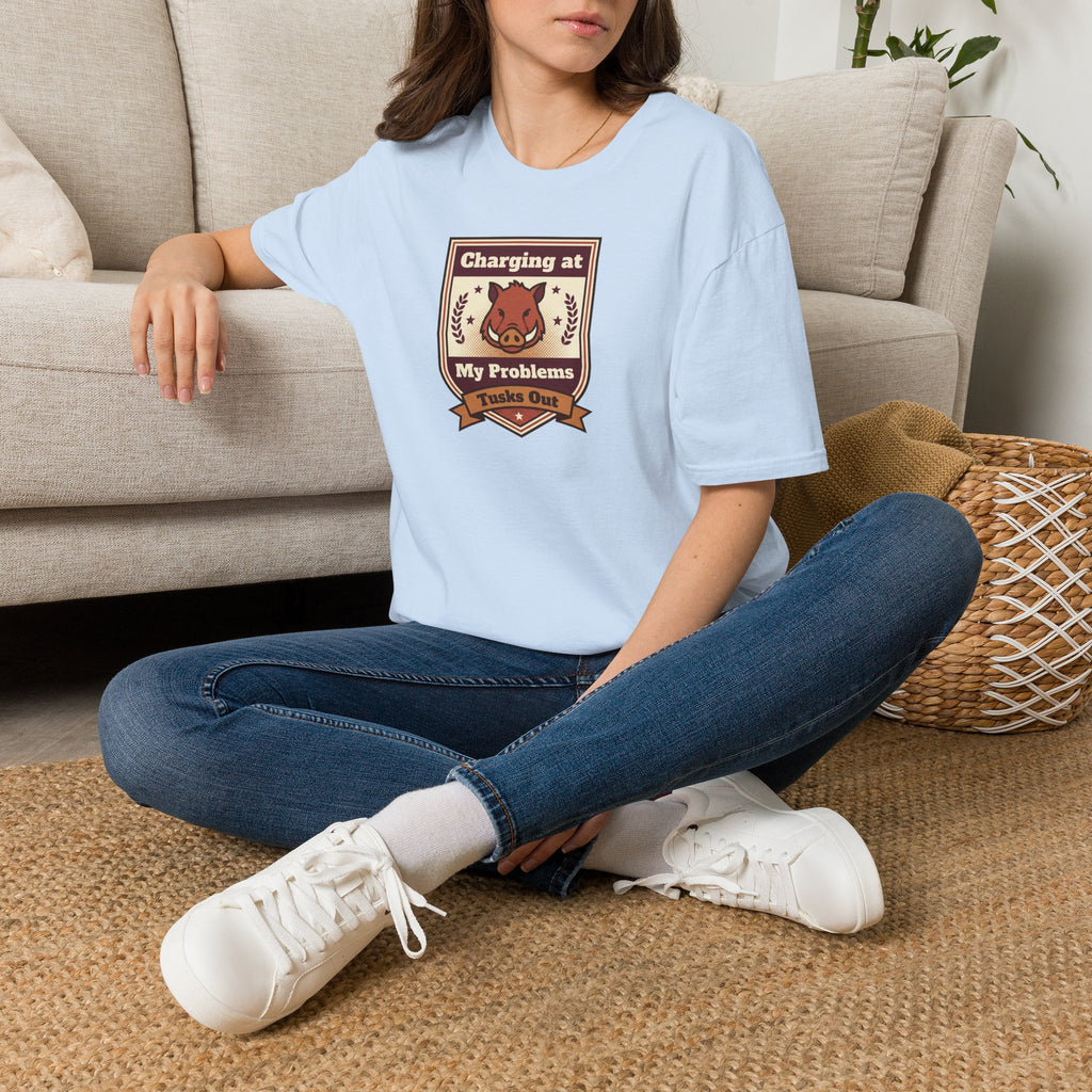 Light blue crew-neck T-shirt with boar graphic crest on the chest.