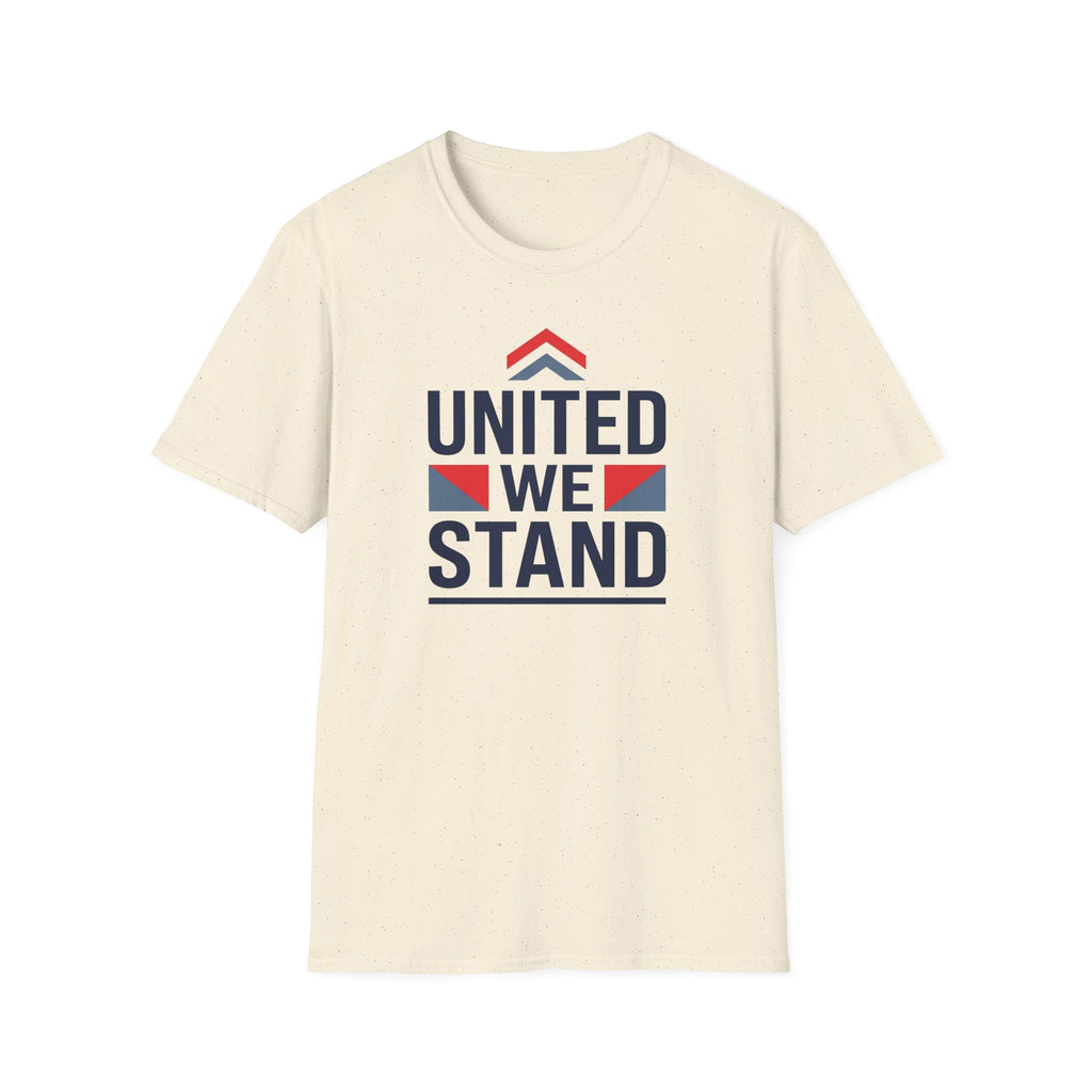 Cream crewneck T-shirt with “UNITED WE STAND” graphic on the chest.